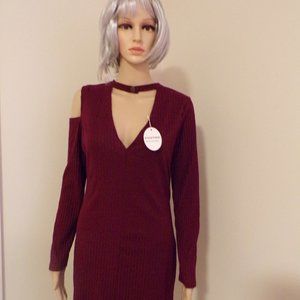 Ribbed V- Neck Pogtmm Chocker Cold Shoulder Dress NWT